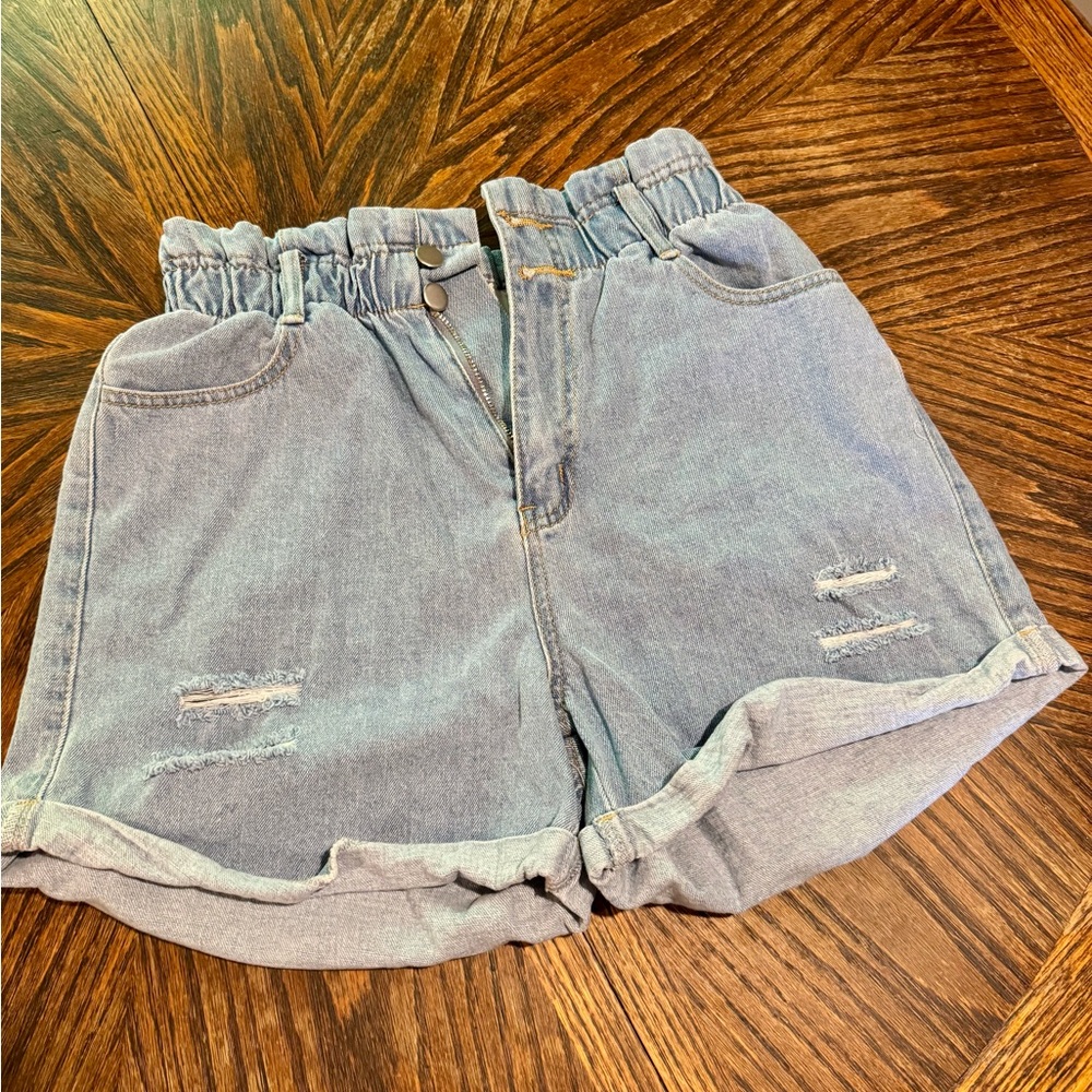 High Waist Blue Denim Shorts with Paper-Bag Waist